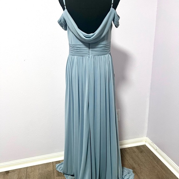 NEW AZAZIE dusty Blue off the shoulder chiffon A line Ruched AJA Maxi Gown A12 - Picture 6 of 10